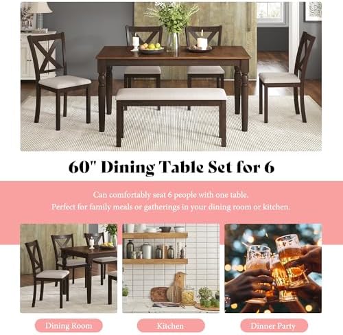 AMERLIFE 6 Piece Farmhouse Dining Set with 60" Solid Wood Table, Brown
