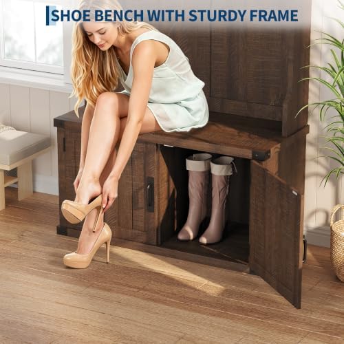 Garvee 77" H Farmhouse Hall Tree with Bench & Shoe Storage, Coat Rack