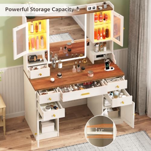 CSZZD Farmhouse Makeup Vanity Desk with Lighted Mirror and RGB Cabinets | Large Vanity Table with Type-C & USB Charging Station, Adjustable 3 Mode Lights Vanity Desk with 6 Drawers & Storage Shelves