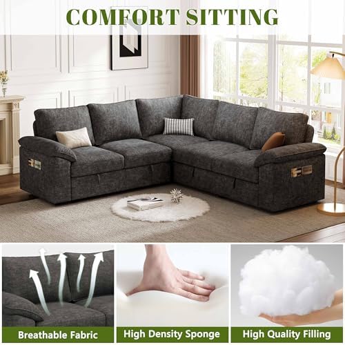 85'' Modular Sectional Sofa with Pull Out Bed, Sleeper Sofa, Dark Gray