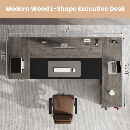 78" Executive Desk with Lockable File Cabinet, L Shaped Office Desk with Power Outlets, Large Executive Desk with Drawers and Storage Shelves , Reversible Computer Desk with Privacy Screen, Grey