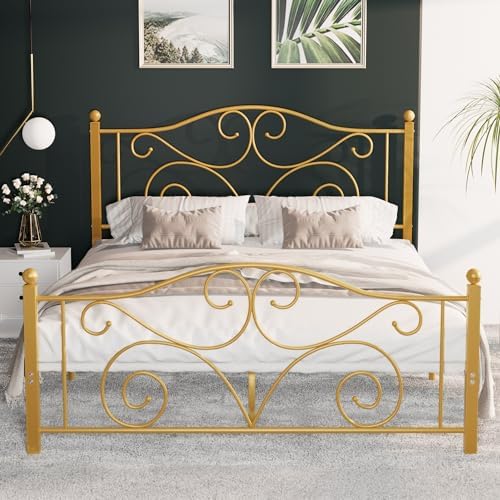 VECELO Full Size Bed Frame with Headboard and Footboard, Heavy Duty Metal Slat Support, Platform Mattress Foundation, No Box Spring Needed, Easy Assembly, Gold