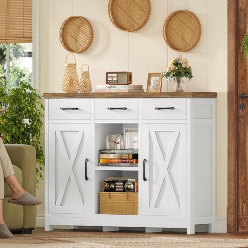 TEENFON Storage Cabinet, Coffee Bar Cabinet with 3 Drawers, 2 Adjustable Shelves & 2 Doors, Buffet Cabinet, Kitchen Cabinet for Kitchen, Dining Room, Living Room, White