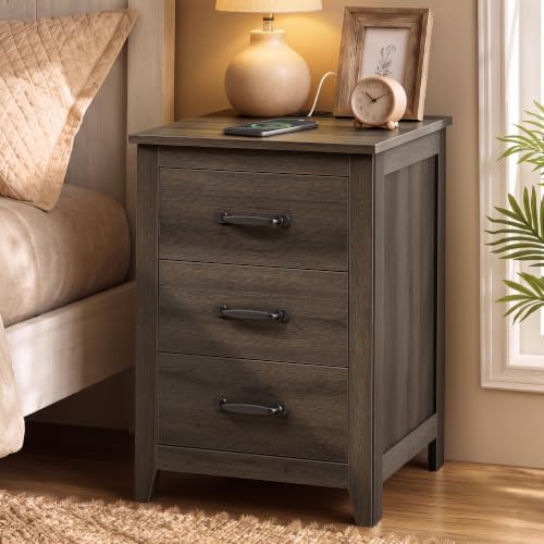 VASAGLE Farmhouse Nightstand with Charging Station, 3 Drawers