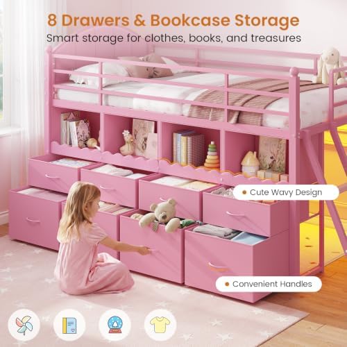 DICTAC Low Loft Bed Twin Size with 8 Drawers, 4 Bookcase & LED Lights, Pink