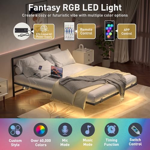 Queen Floating Bed Frame with Headboard, Modern Platform Bed Frame with LED Lights and USB Charging Station, Sturdy Metal Bed Frame for Adults, No Box Spring Needed, Easy Assembly, Noise Free Design