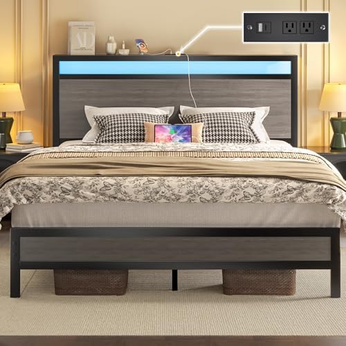 Fluest Queen Bed Frame with Headboard, Fast-Charging & LED, Storage Shelf