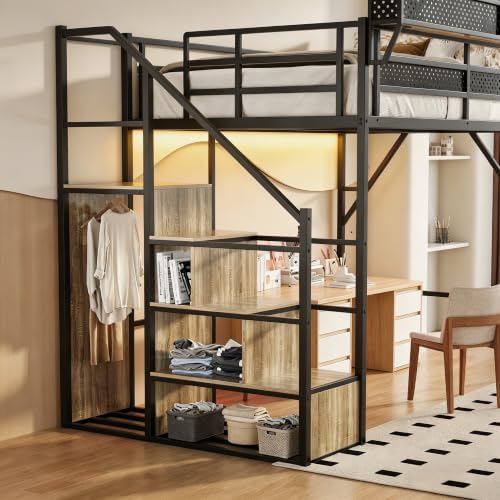 Queen Size Metal Loft Bed with Reversible Stairs and LED & USB Port