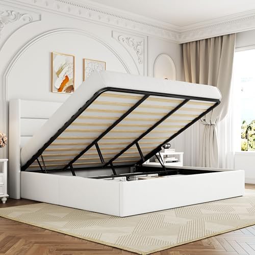 Allewie King Size Lift Up Hydraulic Storage Bed Frame White