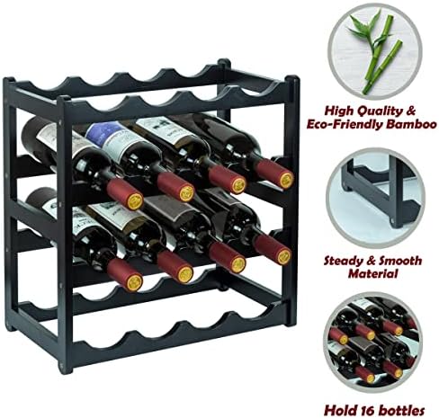 Bamboo Wine Rack, Sturdy and Durable Wine Storage Cabinet Shelf, Wine Racks Countertop for Pantry - 4 Tiers 16 Bottle Wine Rack Black