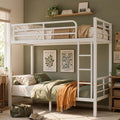 Bunk Bed Twin Over Twin, Heavy Duty Metal Twin Bunk Beds for Teens and Adults, Noise-Free Design Bunkbeds with Ladder, Guardrail for Bedroom, Dorms and Apartment (White, Twin Over Twin)