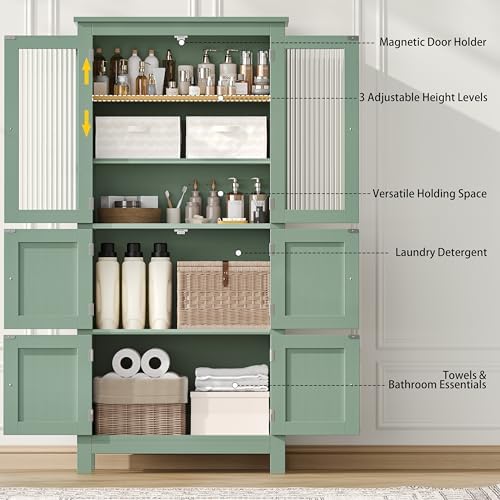 Akxomel 53.1" Tall Bathroom Cabinet 6 Doors Linen Floor Storage Cabinet | Bathroom Floor Cabinet with Adjustable Shelf, Pantry Cabinet for Living Room, Kitchen, Entryway, Green