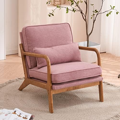 Bonnlo Pink Accent Chairs Set of 2, Upholstered Mid Century Modern Lounge Chairs Reading Chairs Side Sitting Chair Solid Wood Farmhouse Armchairs for Living Room, Bedroom, Guest Room
