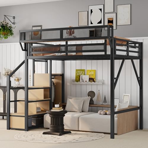 KEIKI Full Size Metal Loft Bed Frame with Convertible Staircase, Built-in Storage Shelves and Wardrobe, Loft Bed with Solid Slats, Guardrail, No Box Spring Required, Easy Assembly, for Bedroom, Black