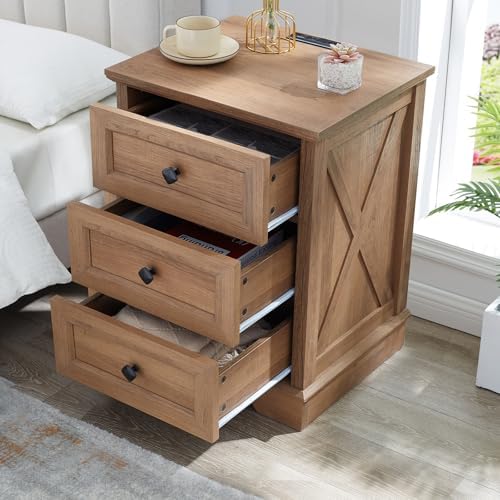Farmhouse 3 Drawers Dresser, Natural Oak Dresser with Charging Station