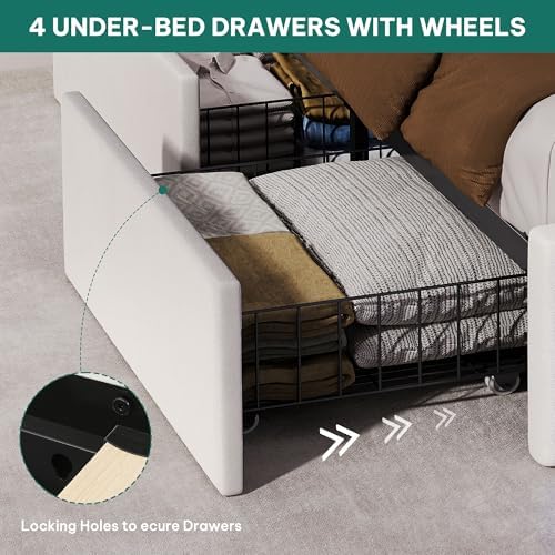 DWVO Queen Size Bed Frame with 4 Storage Drawers and RGB LED Lights, White