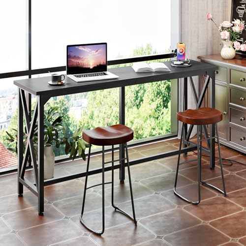 CHOEZON 55'' Bar Table, Kitchen Dining Table with Power Outlet and Footrest, Industrial Style, for Pub, Living Room, Rustic Brown and Black TBT09UBB