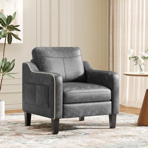 MALOL PU Leather Accent Chair, Mid-Century Modern Living Room Armchair Sofa with Removable Cushions, Solid Wood Frame & Stitched Armrest Design, Bedroom Chair with Plastic Legs, Black