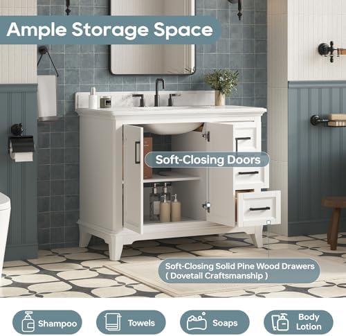 42 Inch Bathroom Vanity with Sink, Pre Assembled, White | Farmhouse Bathroom Vanity Set with Quartz Countertop, Bathroom Storage Cabinet with Soft Close Doors & Dovetail Pine Drawers