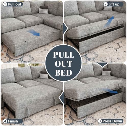 106'' Sleeper Sofa with Pull Out Bed, Modular Sectional Sofa , LightGray
