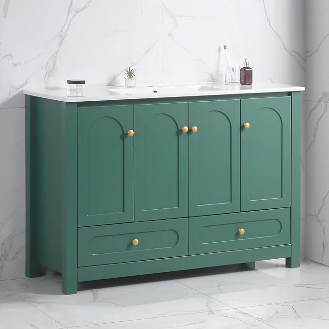 LUMISOL 48" Bathroom Vanity with Sink, Modern Single Sink Bathroom Vanity with 4 Doors & 2 Drawers, Freestanding Bathroom Storage Cabinet with Ceramic Basin, Solid Wood Frame, Green
