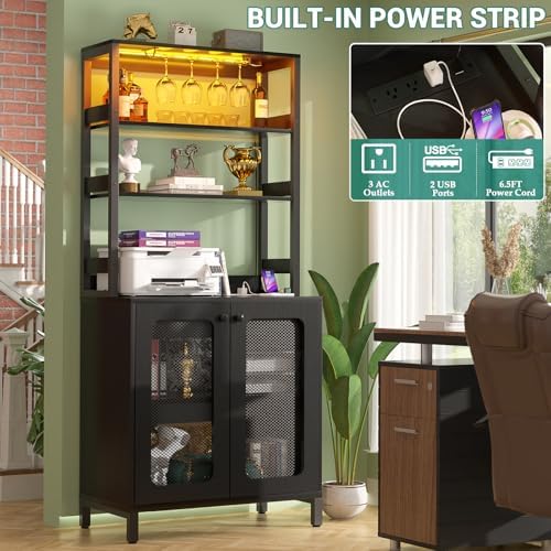 Aheaplus Bar Cabinet with Power Outlets, 67" Tall Wine Bar Cabinet, Black