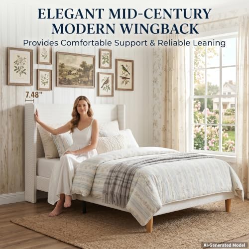 Twin Corduroy Upholstered Platform Bed with Headboard Wingback, Cream