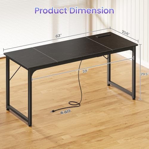 PRAISUN 63 X 24 Inch Computer Desk, Power Outlets, USB-C, Black