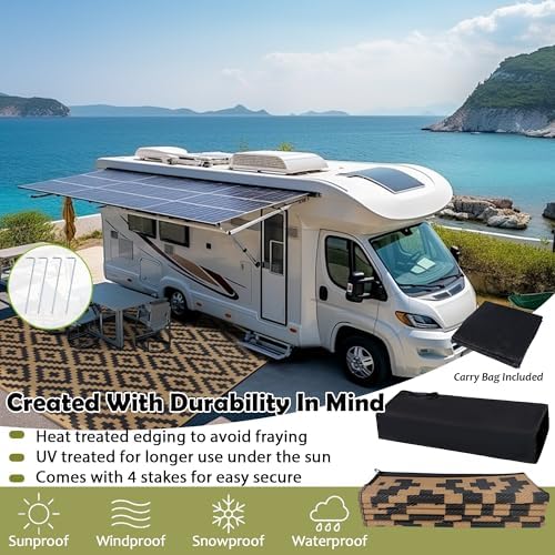 SAND MINE Reversible Mats, Plastic Straw Rug, Modern Area Rug, Large Floor Mat and Rug for Outdoors, RV, Patio, Backyard, Deck, Picnic, Beach, Trailer, Camping, Black & Brown, 10' x 10'
