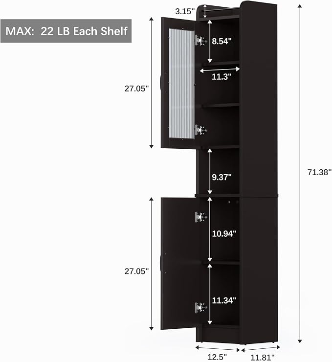 71'' Tall Bathroom Cabinet, Narrow Slim Storage Cabinet, Freestanding Fluted Floor Linen Tower for Small Space Bathroom Oragnizer for Living Room Kitchen (Espresso)