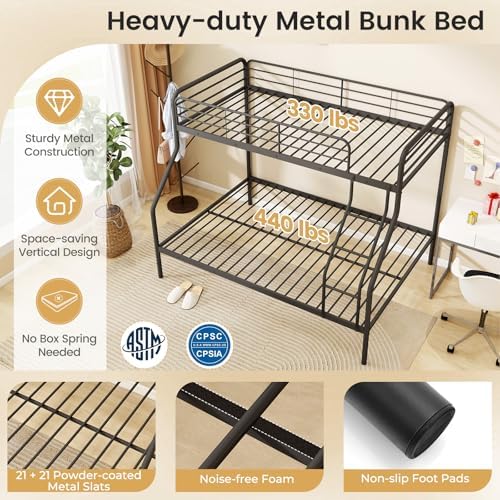Giantex Metal Bunk Beds Twin Over Full Size, Heavy Duty Bunk Bed for Teens Adults with Ladder & Guardrails, Space Saving Metal Bunk Bed for Dorm, Bedroom, Apartment, No Box Spring Needed (Black)