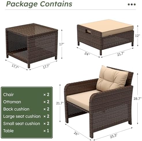 LHBcraft 5 Piece Patio Furniture Set, PE Wicker Outdoor Furniture Set with Soft Cushions & Coffee Table, Outdoor Lounge Chairs with Ottoman for Porch, Lawn, Balcony, Coffee-Beige
