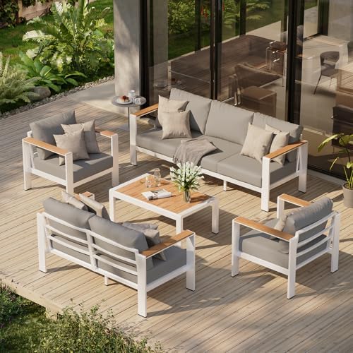Aluminum Outdoor Patio Furniture Set with Coffee Table, 5 Piece Patio Conversation Sets with Washable Thick Cushions, Patio Sectional Furniture Set for Porch, Balcony, Deck, White