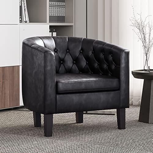 BELLEZE Black Accent Chairs for Living Room, Set of 2 Elegant Arm Chairs, Upholstered Tufted Barrel Chairs Club Chairs for Bedroom with Sturdy Legs and Faux Leather - Berlinda (Black)