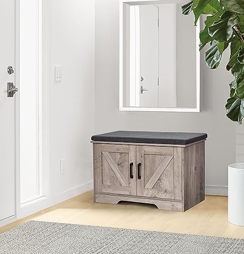 HOMSHO Farmhouse Shoe Storage Bench with 2 Barn Doors & Padded Seat Cushion