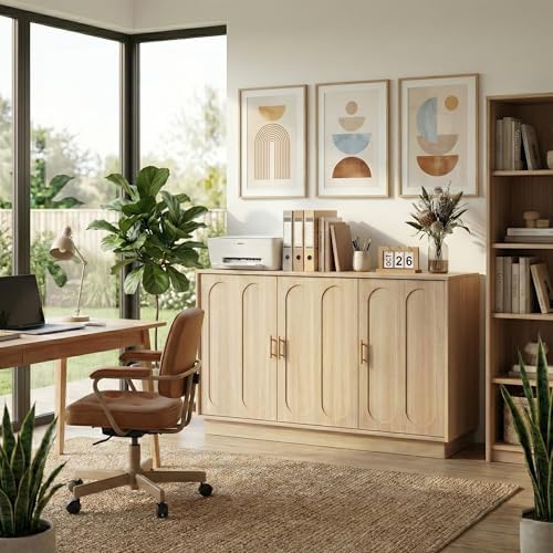 holzart 46.6" Modern 3 Door Storage Cabinet, Light Oak Sideboard Buffet Cabinet with Gold Handles, Large Fluted Wood Accent Credenza for Dining Room, Living Room, Coffee Bar