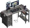 Lufeiya L Shaped Computer Desk with Drawers & Storage Shelves, 47 Inch Small Corner Desk with Power Outlet for Home Office Bedroom, L-Shaped Gaming PC Desks with Fabric Drawer, Gray