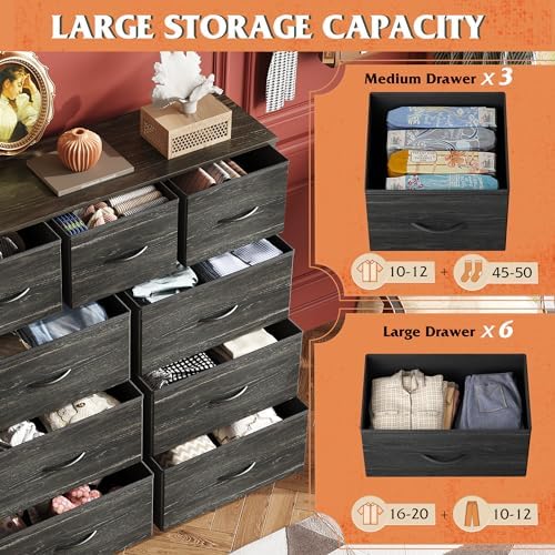 WLIVE Tall Dresser for Bedroom, 9 Drawer Chest of Drawers, Black Wood Grain