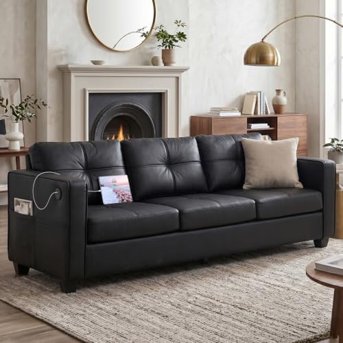 88'' Black Faux Leather Couch w/ Charging, 3 Seater Living Room Office Sofa