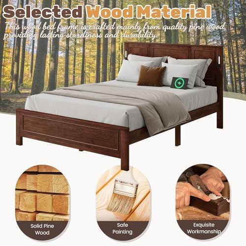 Queen Bed Frame with Tall Headboard & Footboard, Farmhouse Solid Wood Platform Bed Frames Queen Size with LED Lights & USB Charging Station,No Box Spring Needed, Walnut