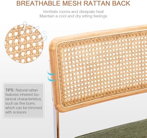 Zesthouse Natural Rattan Dining Chairs Set of 6, Mid Century Modern Dining Chairs with Solid Wood Back & Chrome Base, for Kitchen Living Room, Breuer Design Inspired, Upholstered Linen Fabric, Green