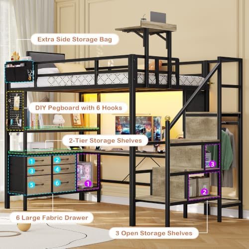 Dnxao Twin Loft Bed with L-Shaped Desk and 6 Storage Drawers, Oak Gray