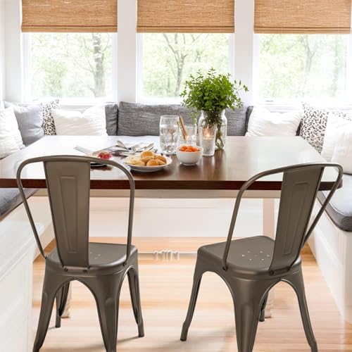 Furmax Metal Dining Chair Indoor Outdoor Use Stackable Classic Trattoria Chair Chic Dining Bistro Cafe Side Metal Chairs Set of 4 (Gun)