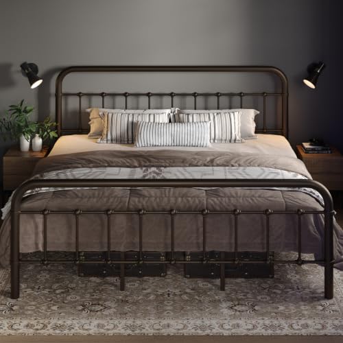 Allewie King Metal Bed Frame with Iron-Art Headboard, Antique Bronze