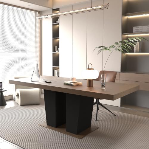 Extendable Dining Table for 6 to 10 People, 63" to 79" Expandable Kitchen Table, Modern Wood Large Dining Room Table(Black Base with Brown Tabletop, Pedestal Base B)