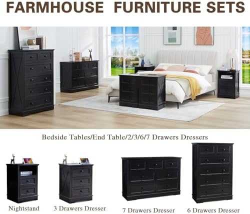 Farmhouse 7 Drawers Dresser for Bedroom Wood Dressers with Charging Station
