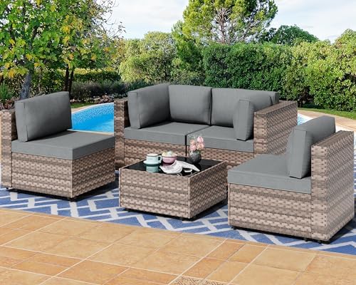 Shintenchi 5 Piece Outdoor Patio Furniture Set with Brown PE Rattan, Gray