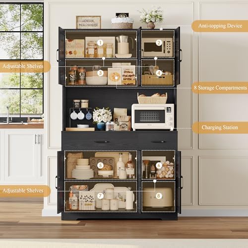 HOSTACK 71" H Kitchen Pantry Storage Cabinet,Farmhouse Hutch Cabinet, Black