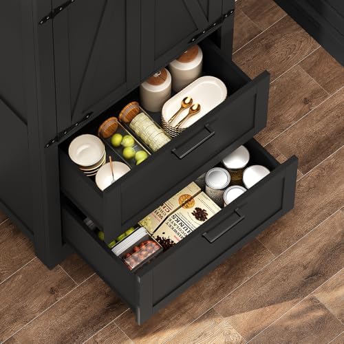 TEENFON 66.1" H Storage Cabinet, Farmhouse Kitchen Pantry Cabinet with 2 Drawers & Adjustable Shelf, Bathroom Cabinet, for Living Room, Kitchen, Bathroom, Black