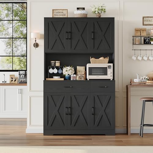 HOSTACK 71" H Kitchen Pantry Storage Cabinet,Farmhouse Hutch Cabinet, Black